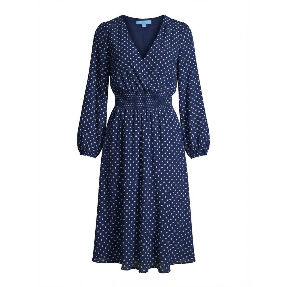 Draper James RSVP Womens Medium Blue White Polka Dot Smocked Midi Dress Long